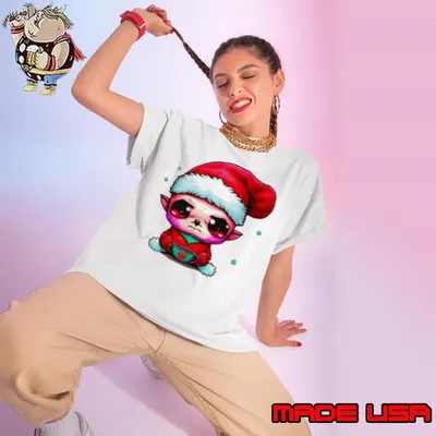 Elf with Santa Claus Hat and Iced Coffee Ladies tee