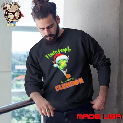 Grinch Santa Hat I Hate People But I Love My Clemson Tigers Christmas Logo Shirt