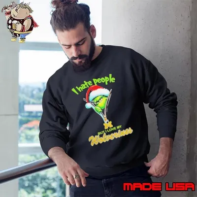 Grinch Santa Hat I Hate People But I Love My Michigan Wolverines Christmas Logo Sweatshirt