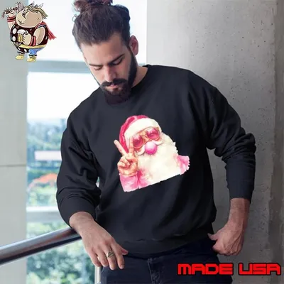 Retro Santa Christmas Blowing Bubble Pink Santa Peace Sign Sweatshirt