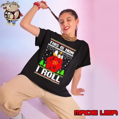 Snoopy and Woodstock atop a D20 this is how I roll ugly Christmas shirt