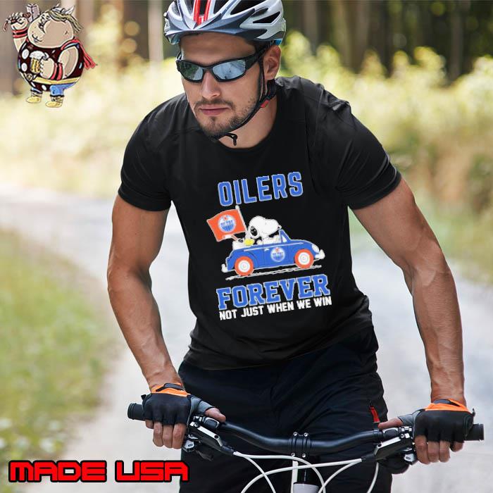 Peanuts Snoopy And Woodstock On Car Edmonton Oilers Forever Not Just When We Win Shirt Unisex