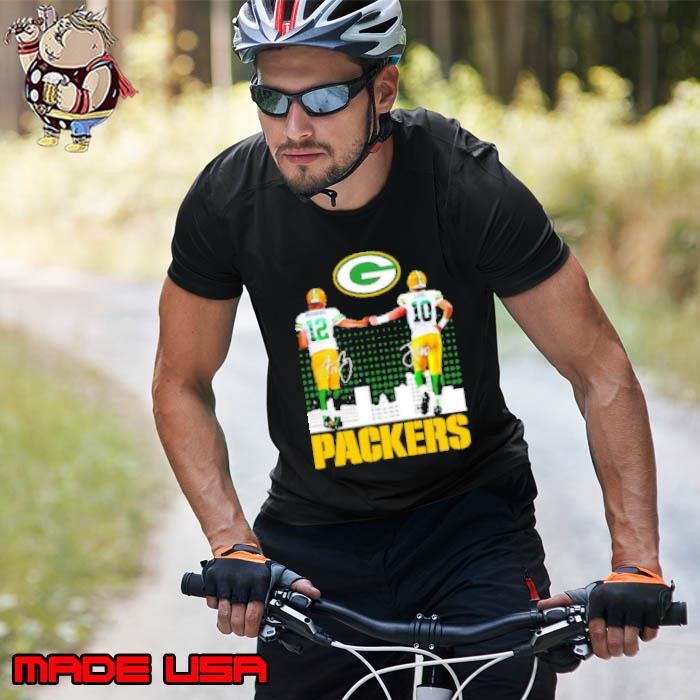 Green Bay Packers Aaron Rodgers x Jordan Love signature skyline Unisex